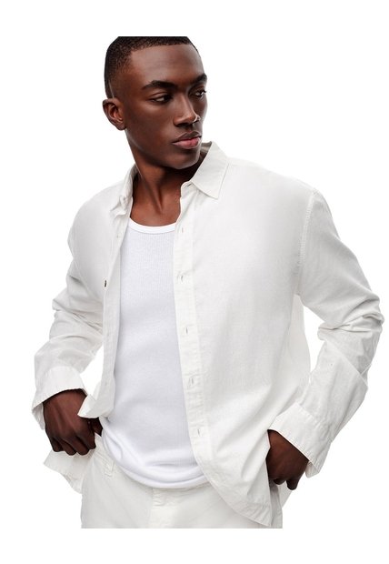 Camisa Manga Larga Regular Lino Blanca Hombre Blanco
