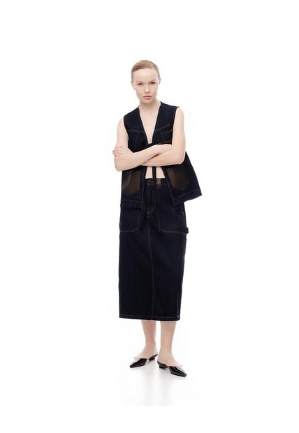 Falda Midi Denim Tiro Medio índigo Oscuro Mujer Azul Oscuro