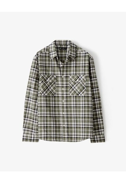 Camisa Manga Larga Regular Algodón Cuadros Hombre Verde