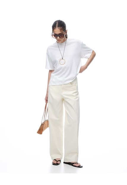 Pantalón Loose Tiro Medio En Drill Habano Mujer Marron
