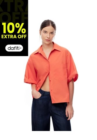 Camisa Manga Corta Oversize Algodón Naranja Mujer Naranja Gef