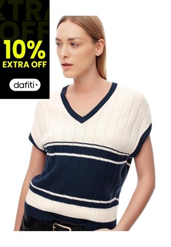 Chaleco Tipo Preppy Tejido De Punto Crema Mujer Azul Gef