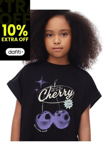 Camiseta Regular Algodón Negra Estampada Niña Negro Gef