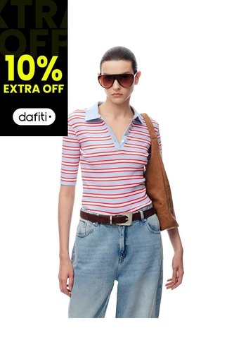 Polo Slim Tejido De Punto Rayas Mujer Azul Gef