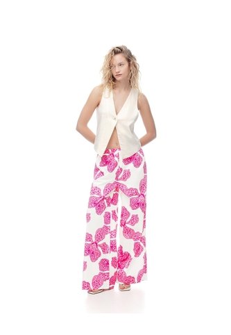 Pantalón Palazzo Tiro Alto Algodón Estampado Mujer Rosa Gef