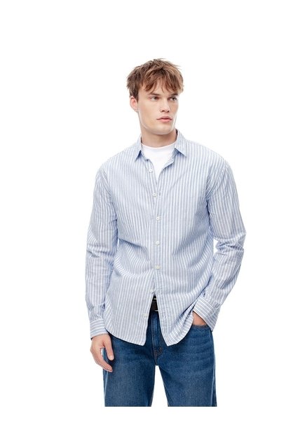 Camisa Manga Larga Regular Algodón Rayas Hombre Blanco