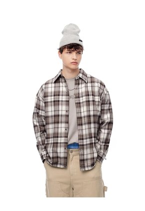 Camisa Manga Larga Regular Algodón Cuadros Hombre Cafe