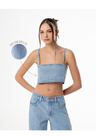 Crop Top Denim Brillos índigo Claro Mujer Azul Oscuro Gef