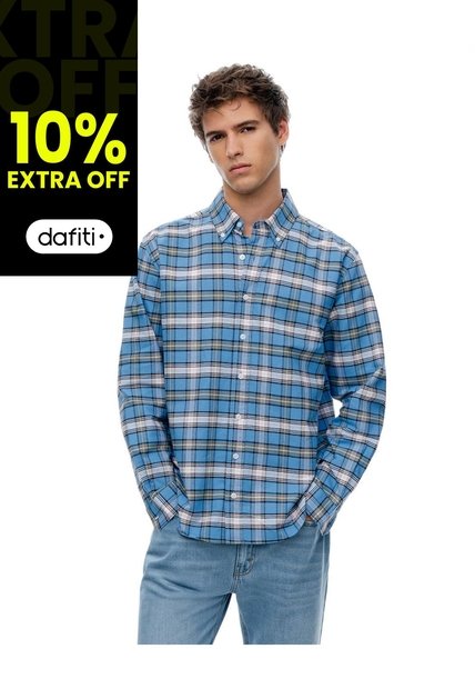 Camisa Manga Larga Regular Algodón Cuadros Hombre Azul