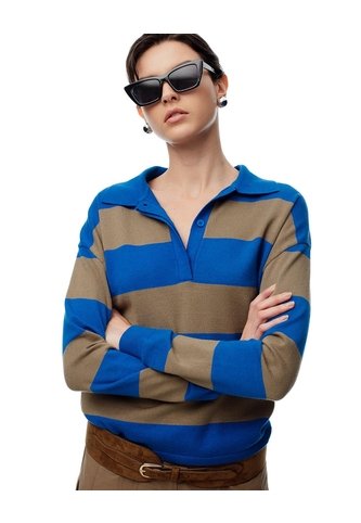 Suéter Tipo Polo Tejido De Punto Rayas Mujer Azul Gef