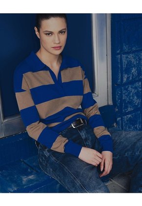 Suéter Tipo Polo Tejido De Punto Rayas Mujer Azul