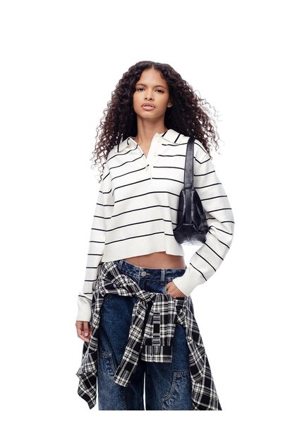 Buzo Tipo Polo Regular Rayas Mujer Blanco