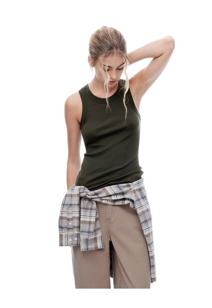 Camiseta Esqueleto Slim Rib Algodón Verde Mujer Verde