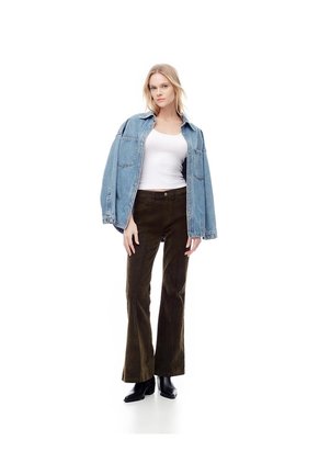 Jean Flare Tiro Alto Efecto Gamuza Café Mujer Marron Claro