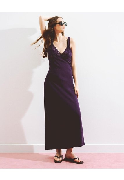 Vestido Largo Lencero Encaje Morado Mujer Purpura