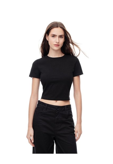 Camiseta Crop Slim Algodón Negra Mujer Negro