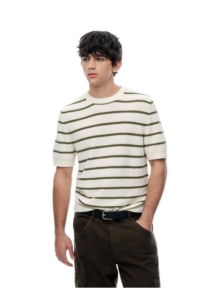 Camiseta Manga Corta Regular Tejido De Punto Rayas Hombre Verde