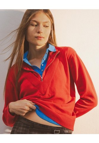 Buzo Tejido Regular Cuello Alto Cierre Rojo Mujer Rojo Gef