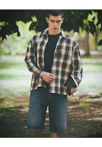 Camisa Oversize Habano Cuadros Hombre Marron Gef