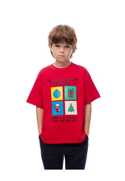 Camiseta Regular Algodón Estampada Navidad Niño Rojo