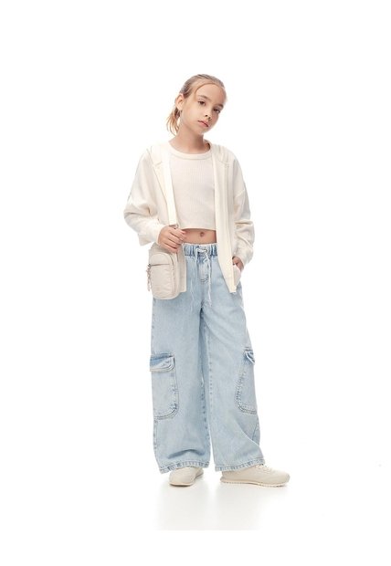 Jean Cargo Wide Leg Tiro Alto índigo Claro Niña Azul Oscuro