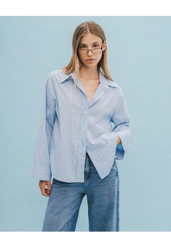 Camisa Manga Larga Oversize Algodón Rayas Mujer Azul Gef