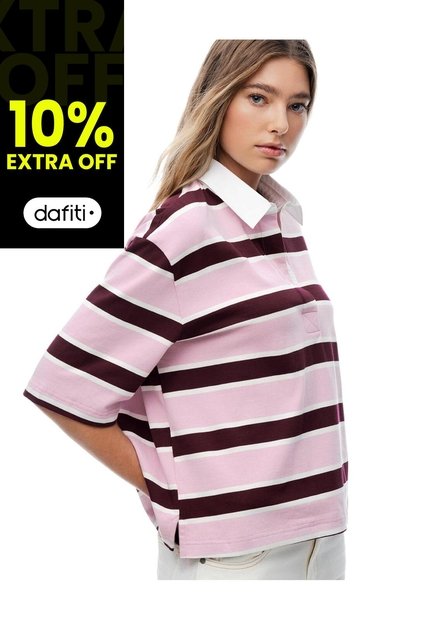 Polo Manga Corta Oversize Algodón Rayas Mujer Rosa