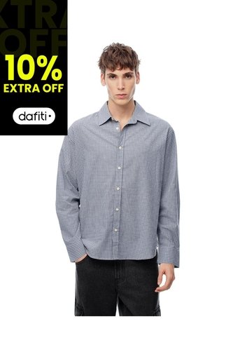 Camisa Manga Larga Oversize Algodón Cuadros Hombre Azul Gef