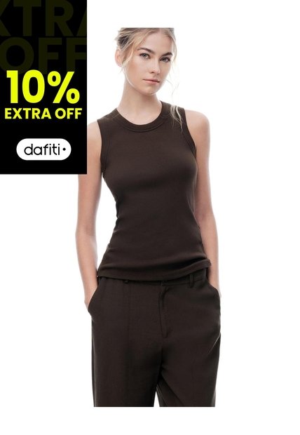 Camiseta Esqueleto Slim Rib Algodón Café Mujer Cafe