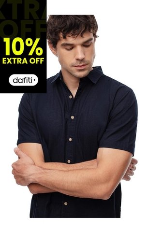 Camisa Manga Corta Regular Lino Azul Hombre Azul Gef
