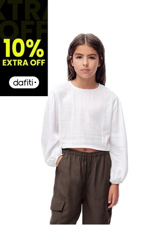 Blusa Crop Manga Larga Algodón Blanca Niña Blanco Gef