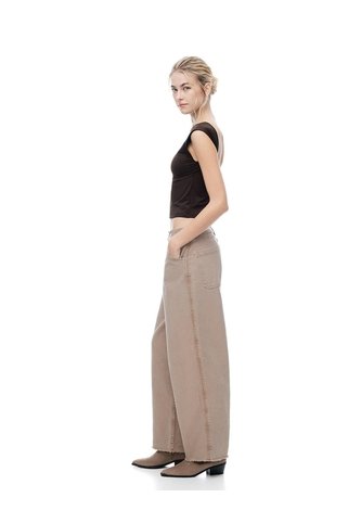 Pantalón Wide Leg Tiro Medio En Drill Café Mujer Cafe Gef