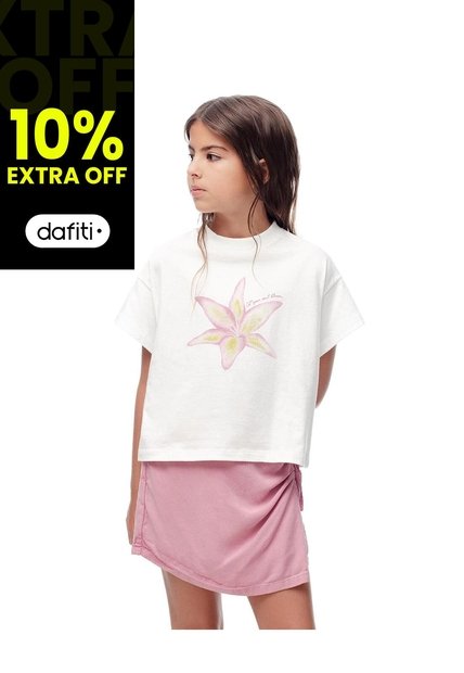 Camiseta Regular Algodón Blanca Estampada Niña Blanco