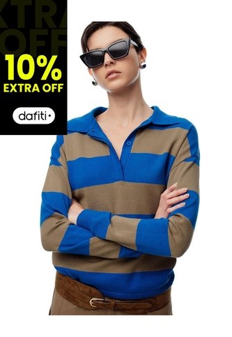 Suéter Tipo Polo Tejido De Punto Rayas Mujer Azul Gef