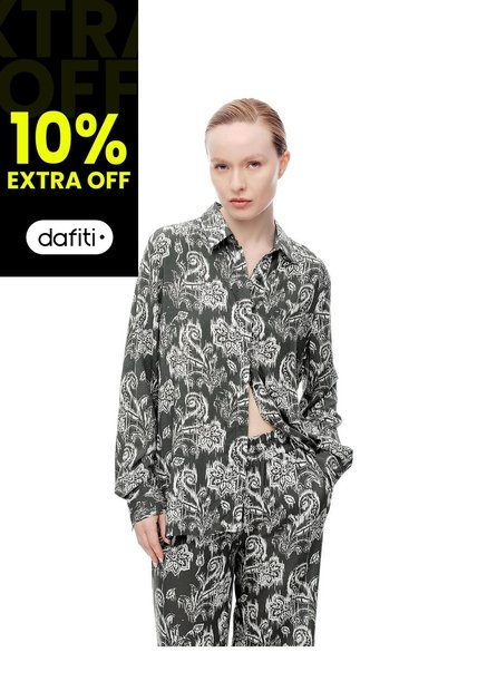 Camisa Manga Larga Holgada Estampada Mujer Verde