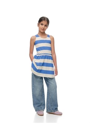 Vestido Corto Algodón Rayas Niña Azul