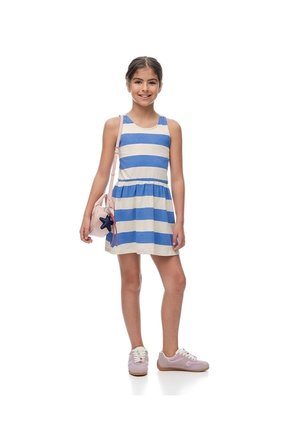 Vestido Corto Algodón Rayas Niña Azul