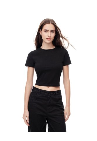 Camiseta Crop Slim Algodón Negra Mujer Negro Gef