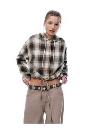 Chaqueta Oversize Cuadros Mujer Cafe