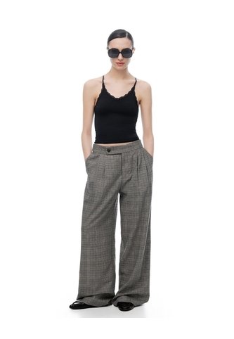 Pantalón Wide Leg Tiro Medio Café Cuadros Mujer Cafe Gef