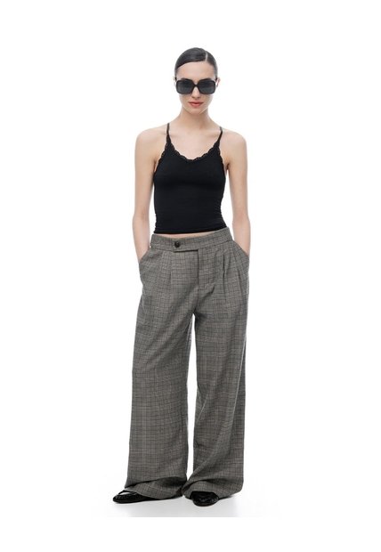 Pantalón Wide Leg Tiro Medio Café Cuadros Mujer Cafe