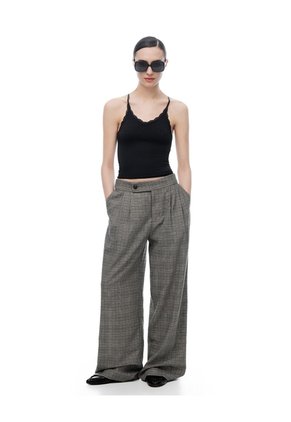 Pantalón Wide Leg Tiro Medio Café Cuadros Mujer Cafe