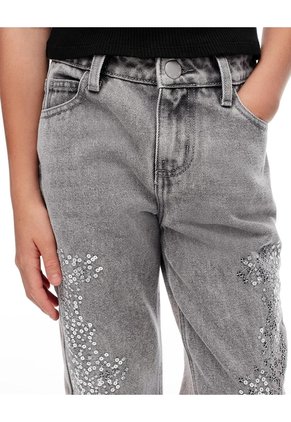 Jean Mom Tiro Medio Brillos Gris Niña Azul