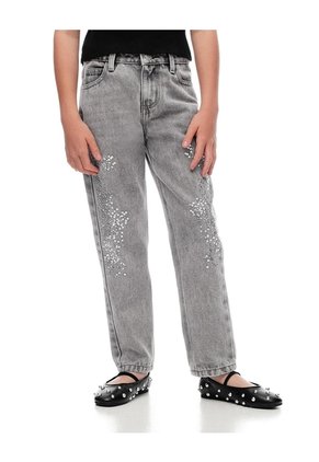 Jean Mom Tiro Medio Brillos Gris Niña Azul