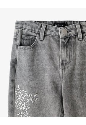 Jean Mom Tiro Medio Brillos Gris Niña Azul
