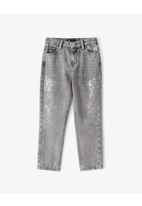 Jean Mom Tiro Medio Brillos Gris Niña Azul