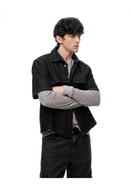 Camisa Manga Corta Loose Denim Negra Hombre Negro