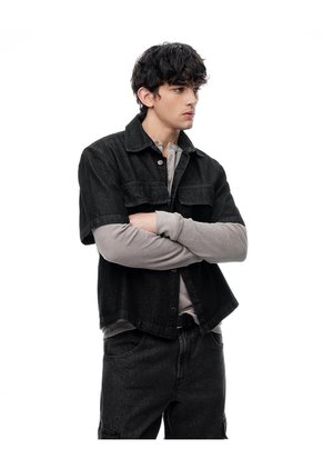 Camisa Manga Corta Loose Denim Negra Hombre Negro
