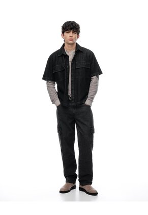 Camisa Manga Corta Loose Denim Negra Hombre Negro