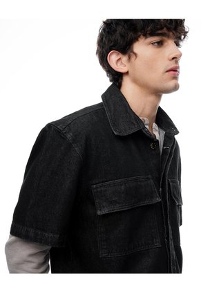 Camisa Manga Corta Loose Denim Negra Hombre Negro